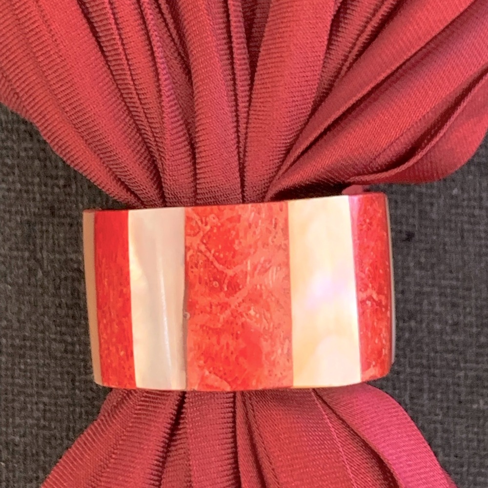 Fred Harvey Era Scarf Slide Mother Of Pearl And Sponge Coral Inlay View 3